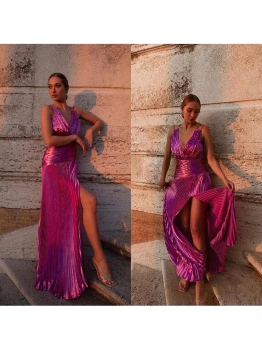 NWT AiiFOS Vera Pleated Metallic Gown 8 Pink Magenta Plisse Ruched Slit Formal